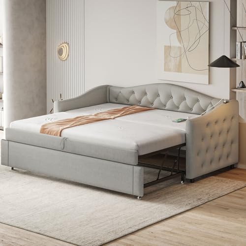 HESHU Polsterbett Ausziehbares Schlafsofa 90x200 mit USB-Anschluss, Tagesbett Daybett mit Lattenrost, Jugendbett Bettgestell - Gästebett, Leinenstoff, Grau,ohne Matratze HESHU Polsterbett Ausziehbares Schlafsofa 90x200 mit USB-Anschluss, Tagesbett Daybett mit Lattenrost, Jugendbett Bettgestell - Gästebett, Leinenstoff, Grau,ohne Matratze von HESHU