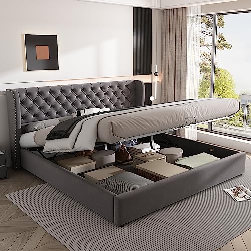 HESHU Polsterbett Bett mit Bettkasten Samt-Stoff Polsterbett Lattenrost Hydraulisches Funktionsbett Doppelbett Stauraum, Holzfuß (Gray, 160 x 200 cm) von HESHU