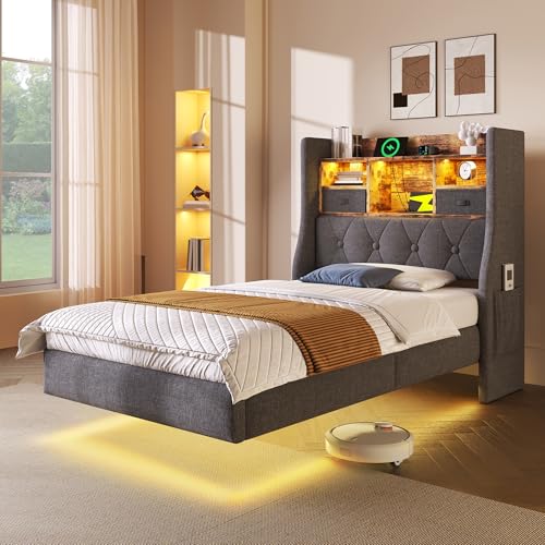 HESHU Polsterbett Bettgestell 90x200 mit LED und USB Ladestation,Bett mit Matratze, Stauraum Kopfteil, Schwebebett Bettrahmen Erwachsene,Leinen HESHU Polsterbett Bettgestell 90x200 mit LED und USB Ladestation,Bett mit Matratze, Stauraum Kopfteil, Schwebebett Bettrahmen Erwachsene,Leinen von HESHU