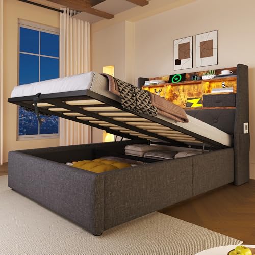 HESHU Polsterbett Bettgestell 90x200 mit Matratze, Boxspringbett mit LED und Ladestation, Bettrahmen mit Stauraum Kopfteil, Jugendbett Stauraumbett Funktionsbett Doppelbett HESHU Polsterbett Bettgestell 90x200 mit Matratze, Boxspringbett mit LED und Ladestation, Bettrahmen mit Stauraum Kopfteil, Jugendbett Stauraumbett Funktionsbett Doppelbett von HESHU