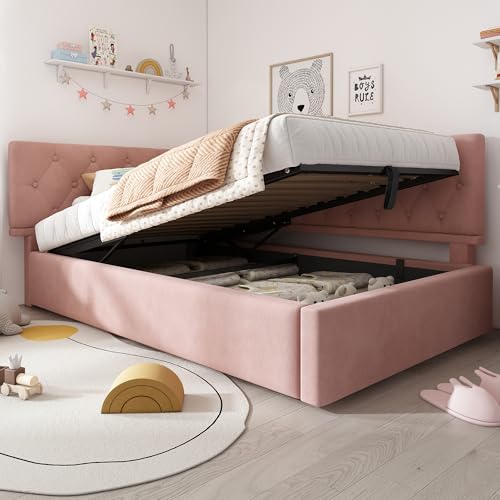 HESHU Polsterbett Tagesbett Daybett 90x200, Schlafsofa mit hydraulischem Stauraum, Kinderbett Jugendbett Bettgestell mit Lattenrost, Samt, Rosa, ohne Matratze. HESHU Polsterbett Tagesbett Daybett 90x200, Schlafsofa mit hydraulischem Stauraum, Kinderbett Jugendbett Bettgestell mit Lattenrost, Samt, Rosa, ohne Matratze. von HESHU