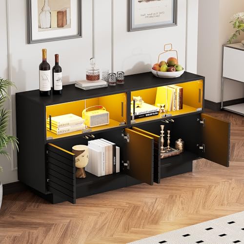 HESHU Sideboard mit 2 Kabinett, 4 Fächern, Glastüren, Breite 130 cm, Beistellschrank mit LED, Wohnraumschrank mit viel Stauraum, modernes highboard von HESHU