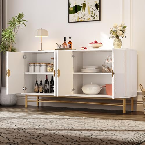 HESHU Sideboard mit Erhabener Textur 160cm, Schrank mit Vier Türen Goldene Gebürstete Griffe und Hochglanz Tischbeine, Weiß,160×40×82cm von HESHU