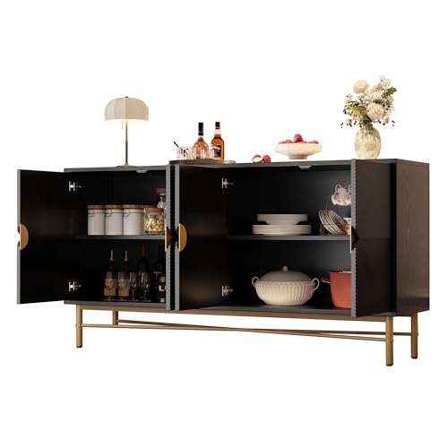 HESHU Sideboard mit Erhabener Textur 160cm, Schrank mit Vier Türen Goldene Gebürstete Griffe und Hochglanz Tischbeine, Weiß,160×40×82cm von HESHU