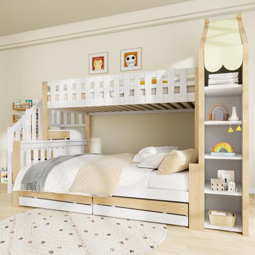 Kinderbett 90x200cm&140x200cm, Etagenbett mit offene Ablagefächer&2 Schubladen&Treppe, Hochbett, Hausbett mit Lattenrost, Stockbett Jugendbett, Ohne Matratze, Weiß+ Natur Kinderbett 90x200cm&140x200cm, Etagenbett mit offene Ablagefächer&2 Schubladen&Treppe, Hochbett, Hausbett mit Lattenrost, Stockbett Jugendbett, Ohne Matratze, Weiß+ Natur von HESHU