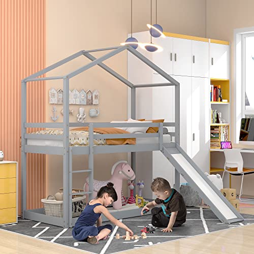 HESHU Kinderbett Etagenbett 90x200, Hochbett Kinder mit Rutsche, Stockbett Für 2 Kinder, Hausbett, Etagenbettrahmen, Spielbett, Jugendbett, Etagenbett, ohne matratze (Etagenbett mit Rutsche-grau) von HESHU