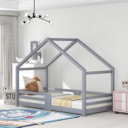 HESHU Hausbett 90x200 mit Rausfallschutz & Lattenrost - Kinderbett 90x200 Montessori Stil Bett für Jungen & Mädchen - Kinder Haus Bett Jugendbett Massivholz ohne matratze(Grau) von HESHU