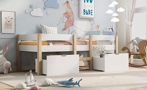 HESHU Kinderbett mit Schublade & Rausfallschutz, 90x190cm Hochbett Kinder mit Leiter, Platzsparendes Kinder Etagenbett aus massiver Kiefer, 90x190 mit Schublade von HESHU