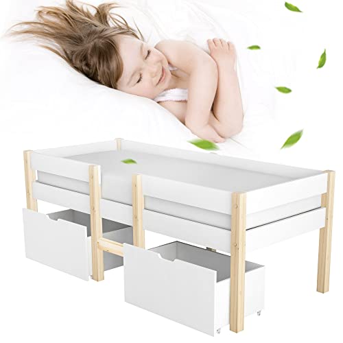 HESHU Kinderbett mit Schublade & Rausfallschutz, 90x200cm Hochbett Kinder mit Leiter, Platzsparendes Kinder Etagenbett aus massiver Kiefer, 90x200 mit Schublade von HESHU