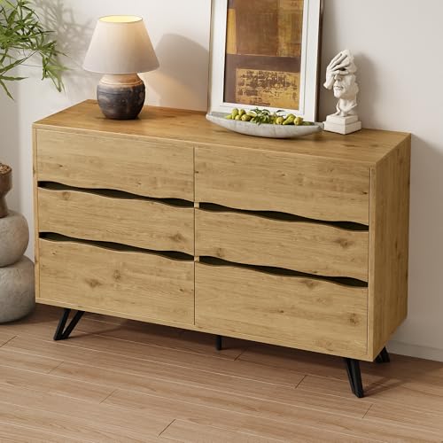 Moderner Sideboard-Schrank mit 6 Schubladen – Holzoptik, Metallfüße, Viel Stauraum, Minimalistisches Design, Für Wohnzimmer & Esszimmer – 120x40x75,5 cm von HESHU