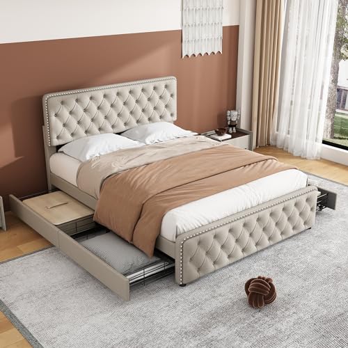 Polsterbett 180 x 200 cm mit 4 Schubladen, Doppelbett mit Höhenverstellbares Kopfteil, Bettgestell mit Lattenrost aus Holz, Leinen, Beige, ohne Matratze Polsterbett 180 x 200 cm mit 4 Schubladen, Doppelbett mit Höhenverstellbares Kopfteil, Bettgestell mit Lattenrost aus Holz, Leinen, Beige, ohne Matratze von HESHU
