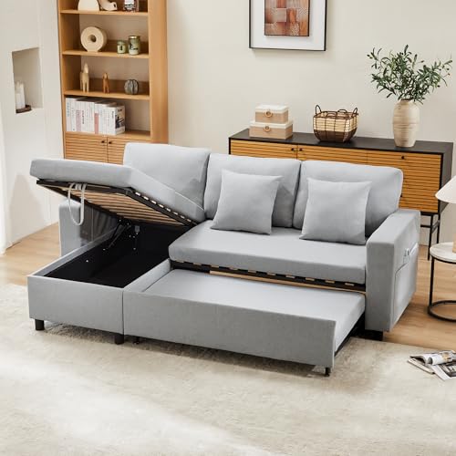 Schlafsofa mit Schlaffunktion, Sofa-Chaiselongue mit Stauraum, mit Taschenbecherhalter, Wohnzimmer-Schlafsofa, Links und rechts austauschbare Chaiselongue von HESHU