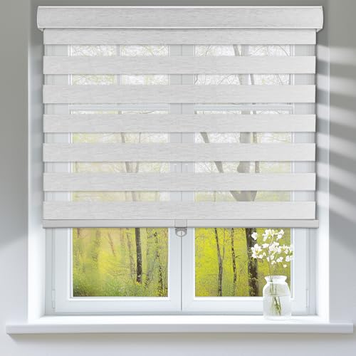 HESTIA Doppelrollos Schnurlos Rollo Lichtdurchlässig Montage mit Bohren Leinen-ähnliche Stoffrollos für Innenfenster Doppellagig für Tag & Nacht Lichtkontrolle im Schlafzimmer/Wohnzimmer/Büro von HESTIA