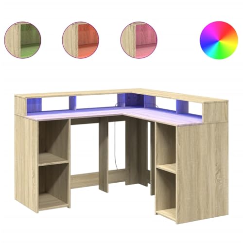 Gaming Schreibtisch Gaming Tisch Konsolentisch Office Desk - LED-Schreibtisch Sonoma-Eiche 130x130x91 cm Holzwerkstoff für Balkon Küche Esszimmer Arbeitszimmer von HETFTJN