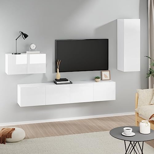 HETFTJN 4-TLG TV-Schrank-Set, Tv Regal Wohnzimmertisch Beistelltisch Wohnwand Geeignet für Wohnzimmer Fernseher Schlafzimmer Den Flur Hochglanz-Weiß Holzwerkstoff von HETFTJN