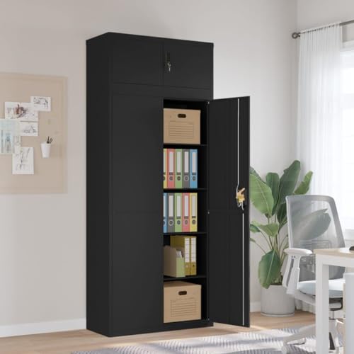 HETFTJN Aktenschrank Schwarz 90x 40 x 220 cm aus pulverbeschichtetem Stahl mit 4 Einlegeböden abschließbar für Büro Archiv und Haushalt von HETFTJN