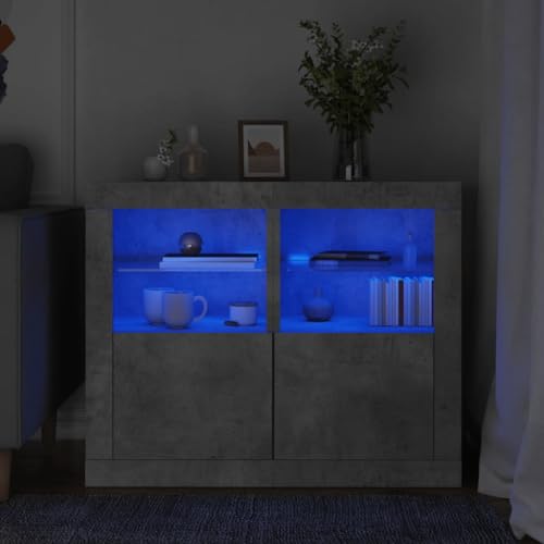 HETFTJN Beistellschrank mit RGB LED Beleuchtung 41 x 37 x 67 cm Betongrau Holzwerkstoff Glasablage Stauraum Modernes Design für Wohnzimmer Schlafzimmer und Flur von HETFTJN