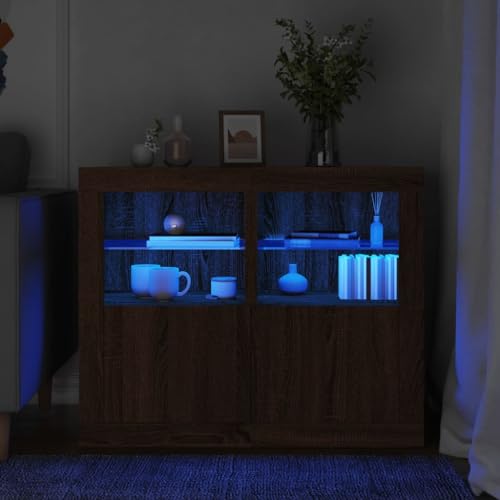 HETFTJN Beistellschrank mit RGB LED Beleuchtung 41 x 37 x 67 cm Braun Eichenoptik Holzwerkstoff Glasablage Stauraum Moderner Wohnzimmerschrank von HETFTJN