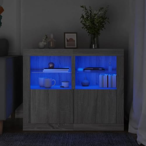 HETFTJN Beistellschrank mit RGB LED Beleuchtung Grau Sonoma 41 x 37 x 67 cm Moderner Wohnzimmerschrank mit Glasablage und Stauraum für Wohnzimmer und Schlafzimmer von HETFTJN