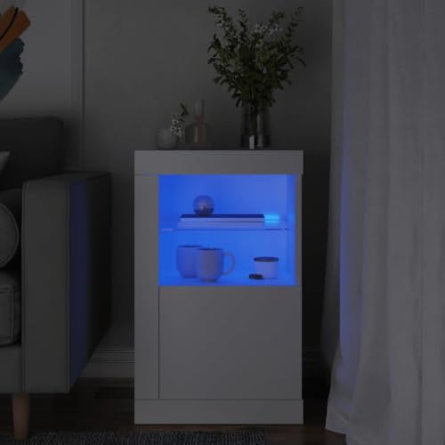 HETFTJN Beistellschrank mit RGB LED Beleuchtung Weiß Holzwerkstoff 41 x 37 x 67 cm Moderner Stauraum Organizer mit Glasablage für Wohnzimmer und Korridor von HETFTJN