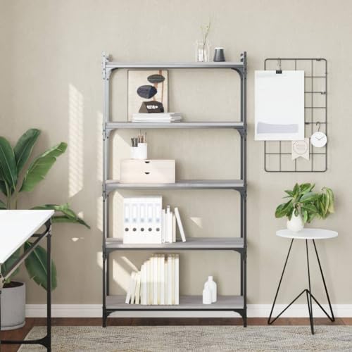 HETFTJN Bücherregal Grau Sonoma 80x 30 x 154 cm Holzwerkstoff Metall Regal Schmal mit 5 Böden Stabiler Stauraum für Wohnzimmer Büro und Flur von HETFTJN