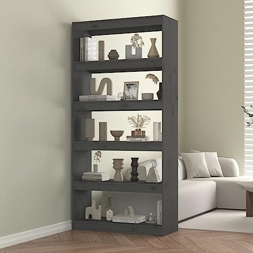 HETFTJN Bücherregal Grau aus Massivholz 80x30x167 cm Schmaler Raumteiler mit 5 Fächern für Wohnzimmer Flur und Schlafzimmer von HETFTJN