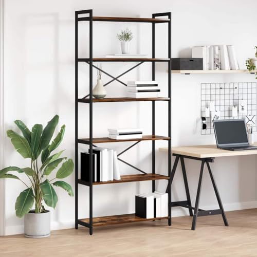 HETFTJN Bücherregal Räuchereiche 80x30x188 cm aus Holz und Stahl mit Industriellem Design und Verstellbaren Füßen für Wohnzimmer und Arbeitszimmer HETFTJN Bücherregal Räuchereiche 80x30x188 cm aus Holz und Stahl mit Industriellem Design und Verstellbaren Füßen für Wohnzimmer und Arbeitszimmer von HETFTJN