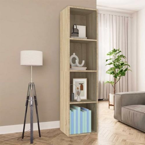 HETFTJN Bücherregal Sonoma Eiche Holzwerkstoff 36x30x143cm mit 4 Fächern Modernes Design Robust und Langlebig als TV Schrank oder Bücherregal für Wohnzimmer von HETFTJN