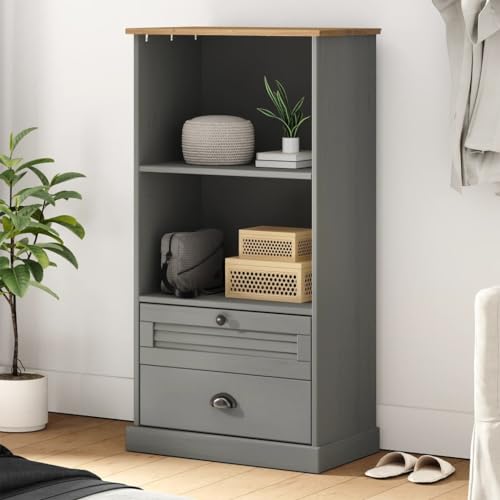 HETFTJN Bücherregal VIGO Grau 60x35x114,5 cm Massivholz Kiefer mit 2 Fächern und Schubladen Jalousie Design Stauraum für Wohnzimmer und Homeoffice von HETFTJN