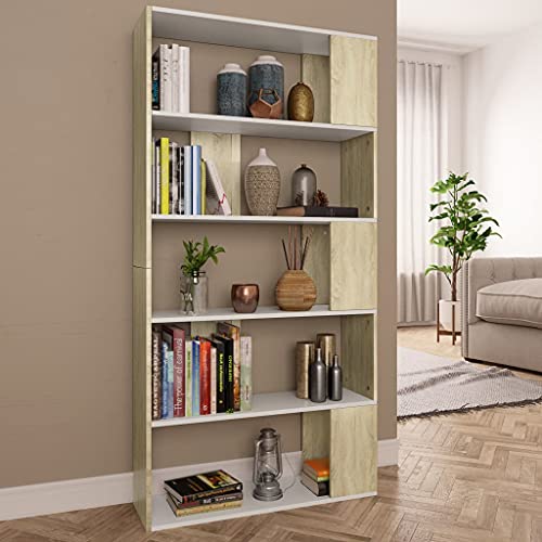 HETFTJN Bücherregal Weiß Sonoma Eiche 80x24x159 cm 5 Fächer Raumteiler Schrank Holzwerkstoff Robust Langlebig für Wohnzimmer Flur von HETFTJN