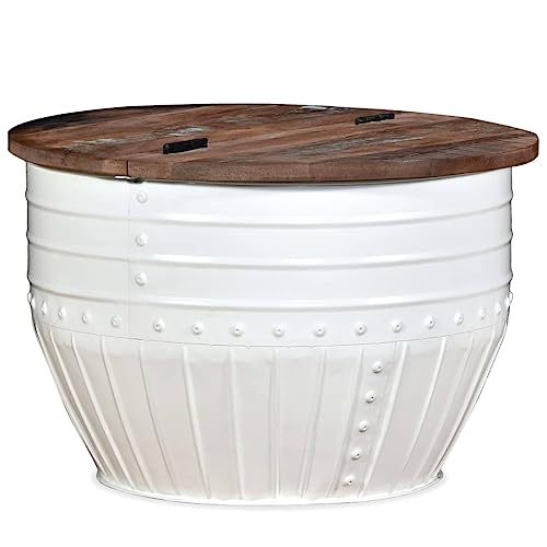 HETFTJN Couchtisch Altholz Massiv Weiß Trommelform mit Staufach - Industrielles Design, robuster & langlebiger Wohnzimmertisch aus recyceltem Holz von HETFTJN