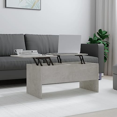 HETFTJN Couchtisch Betongrau 102x50,5x46,5 cm Holzwerkstoff mit Verstellbarer Tischplatte & Stauraum - Moderner Wohnzimmertisch für Couch und Sofa von HETFTJN