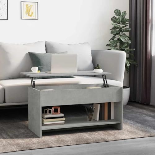 HETFTJN Couchtisch Betongrau 102x50x52,5 cm Holzwerkstoff mit Stauraum & höhenverstellbarer Platte - Moderner Wohnzimmertisch für Couch & Sofa von HETFTJN