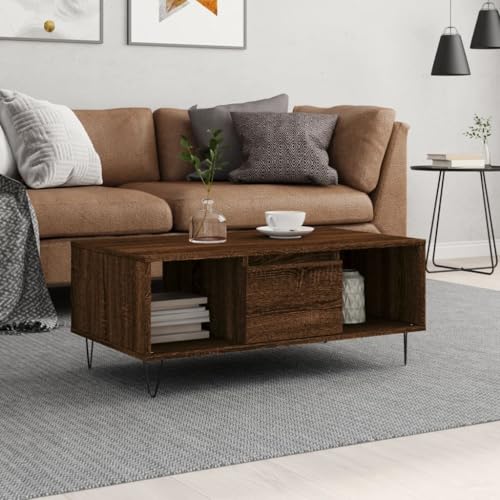 HETFTJN Couchtisch Braun Eichen-Optik 90x50x36,5 cm Holzwerkstoff mit Metallbeinen und Stauraum – Moderner Sofatisch für Wohnzimmer von HETFTJN