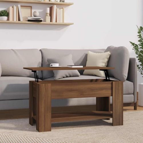 HETFTJN Couchtisch Braun Eichen-Optik Höhenverstellbar mit Stauraum Holzwerkstoff Modernes Design für Wohnzimmer Esstisch oder Computertisch von HETFTJN
