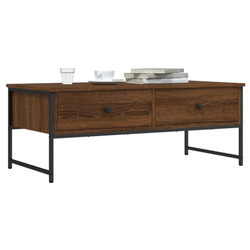 HETFTJN Couchtisch Braun Eichen-Optik mit 2 Schubladen, Holzwerkstoff & Metall, 101x49x39,5 cm, Stauraum, stabil & verstellbar für Wohnzimmer, Couch & Flur von HETFTJN