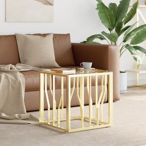 HETFTJN Couchtisch Golden 50x50x50 cm Edelstahl und Glas Moderner Wohnzimmertisch mit Marmor-Optik Robuster Beistelltisch für Wohnzimmer und Flur von HETFTJN