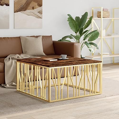 HETFTJN Couchtisch Golden Edelstahl und Altholz Massiv - Moderner Wohnzimmertisch mit robuster Edelstahlkonstruktion und massiver Altholzplatte (100 x 100 x 50 cm) von HETFTJN