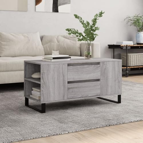 HETFTJN Couchtisch Grau Sonoma 102x44,5x50 cm Holzwerkstoff mit 2 Schubladen & 4 Fächern, moderner Wohnzimmertisch mit Metallbeinen, robuster Beistelltisch für Sofa & Living Room von HETFTJN