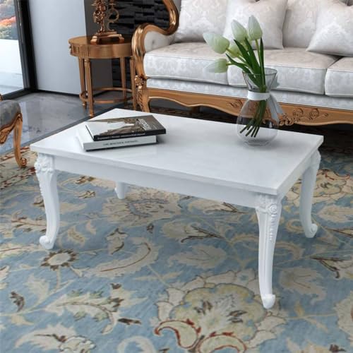 HETFTJN Couchtisch Hochglanz-Weiß 100x50x42 cm Holzwerkstoff mit verzierten Kunststoffbeinen - Moderner Beistelltisch für Wohnzimmer, Couch & Flur von HETFTJN