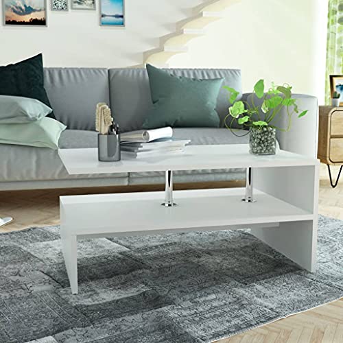 HETFTJN Couchtisch Modern 90x59x42 cm Weiß Holzwerkstoff mit PVC-Kanten & Edelstahlpfosten 2 Regale Einfache Montage Wohnzimmer Beistelltisch von HETFTJN