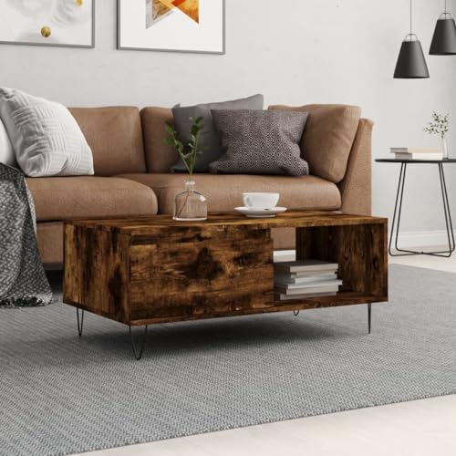 HETFTJN Couchtisch Räuchereiche 90x50x36,5 cm Holzwerkstoff mit Metallbeinen - Moderner Beistelltisch mit Schublade für Wohnzimmer, Couch & Flur von HETFTJN