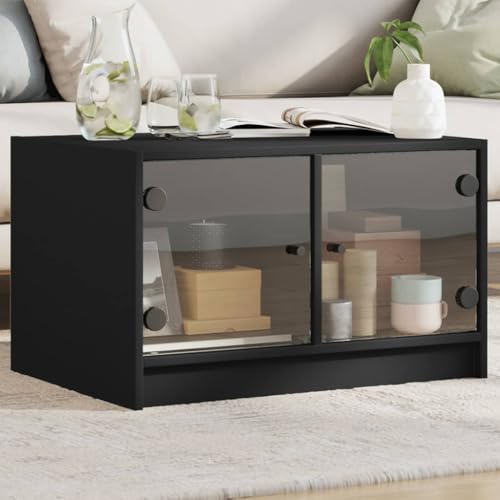 HETFTJN Couchtisch Schwarz mit Glastüren 68x50x42 cm Moderner Wohnzimmertisch mit Stauraum aus Holzwerkstoff & Glas von HETFTJN