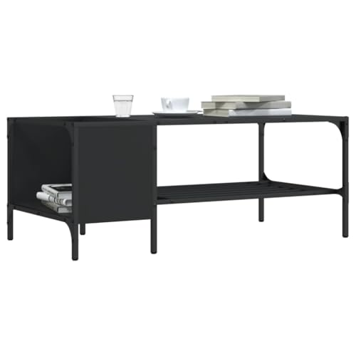 HETFTJN Couchtisch Schwarz mit Regal 100x51x40 cm Holzwerkstoff & Metall - Moderner Beistelltisch für Wohnzimmer mit Stauraum & verstellbaren Beinen von HETFTJN