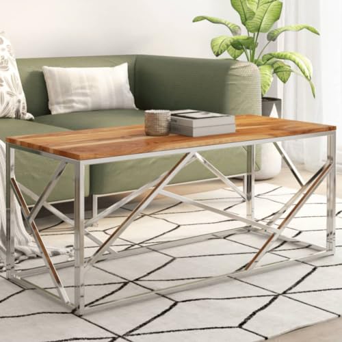 HETFTJN Couchtisch Silbern Edelstahl und Massivholz Akazie Modernes Design Robuster Wohnzimmertisch Beistelltisch für Sofa oder Schlafzimmer 110 x 45 x 45 cm von HETFTJN