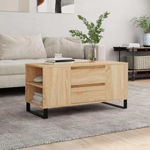 HETFTJN Couchtisch Sonoma-Eiche 102x44,5x50 cm Holzwerkstoff mit 2 Schubladen & 4 Fächern - Moderner Beistelltisch mit Metallbeinen für Wohnzimmer HETFTJN Couchtisch Sonoma-Eiche 102x44,5x50 cm Holzwerkstoff mit 2 Schubladen & 4 Fächern - Moderner Beistelltisch mit Metallbeinen für Wohnzimmer von HETFTJN