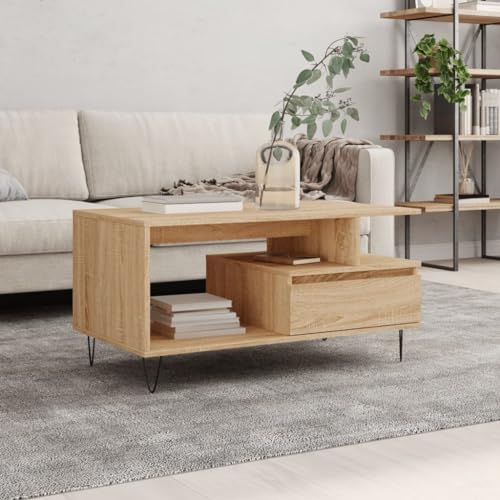 HETFTJN Couchtisch Sonoma-Eiche 90x49x45 cm Holzwerkstoff mit Schublade - Moderner Beistelltisch für Wohnzimmer mit Stauraum & Metallbeinen HETFTJN Couchtisch Sonoma-Eiche 90x49x45 cm Holzwerkstoff mit Schublade - Moderner Beistelltisch für Wohnzimmer mit Stauraum & Metallbeinen von HETFTJN