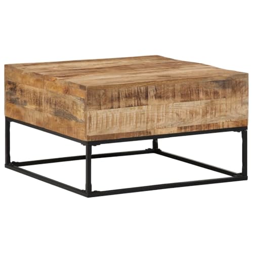 HETFTJN Couchtisch aus rauem Mangoholz mit schwarzem Eisengestell 68x68x41 cm - Robuster Wohnzimmertisch mit natürlichem Finish für Sofa und Flur von HETFTJN
