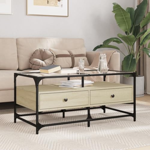 HETFTJN Couchtisch mit Glasplatte Sonoma-Eiche 98,5x50x45 cm Stahl - Moderner Wohnzimmertisch mit robuster Stahlkonstruktion und pflegeleichter Glasplatte von HETFTJN