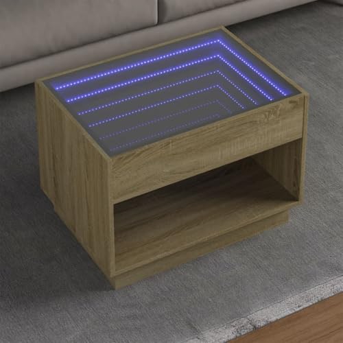 HETFTJN Couchtisch mit LED-Infinity-Spiegel, Holzwerkstoff & Glas in Sonoma-Eiche, 70x50x50 cm, RGB-Beleuchtung, vielseitig als Beistelltisch oder Kaffeetisch für Wohnzimmer & Schlafzimmer HETFTJN Couchtisch mit LED-Infinity-Spiegel, Holzwerkstoff & Glas in Sonoma-Eiche, 70x50x50 cm, RGB-Beleuchtung, vielseitig als Beistelltisch oder Kaffeetisch für Wohnzimmer & Schlafzimmer von HETFTJN